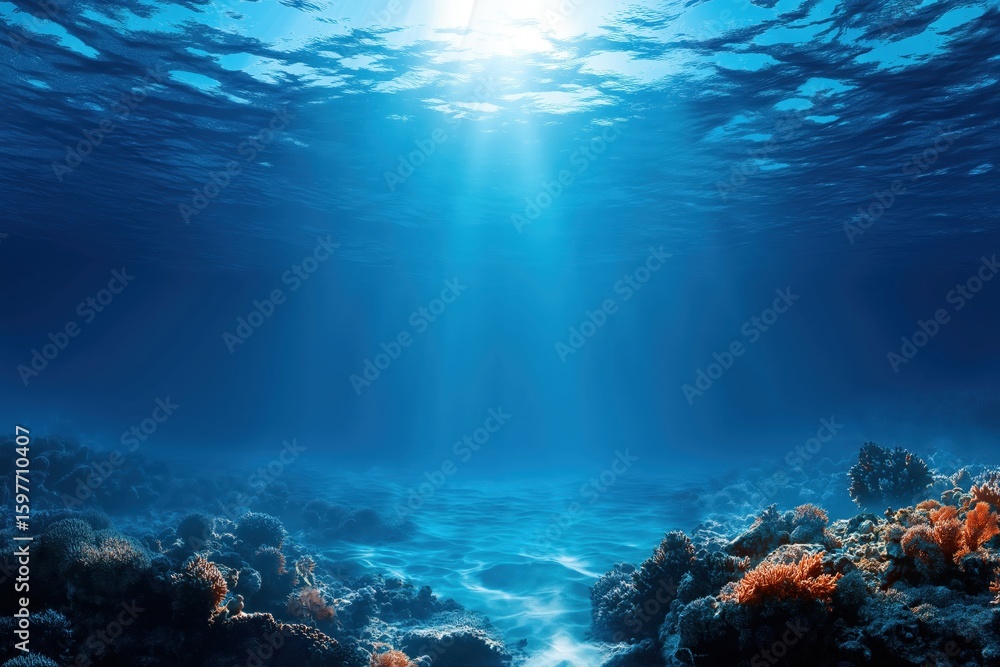 Fototapeta premium Underwater corals on the ocean bottom. Blue background with clear water and sunlight underwater in sea