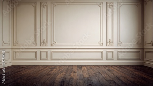 Elegant empty room with ornate wall panels and dark wood floor