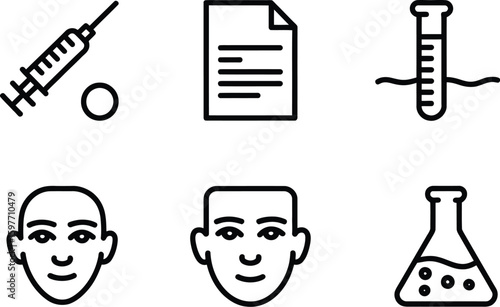 A collection of medical and scientific icons including faces and lab equipment