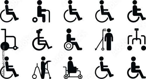 Black and white illustration of various disability access and mobility icons set