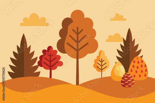 Charming autumnal landscape with stylized trees and warm hues, celebrating the serene beauty of the fall season.
