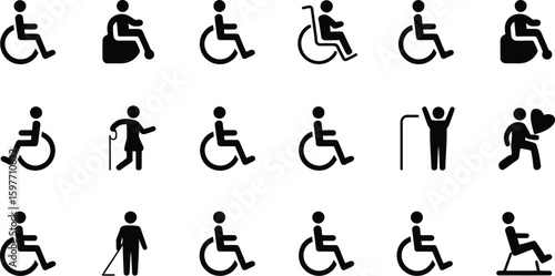 Collection of black and white disability and accessibility icons in a grid format