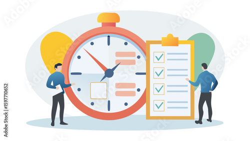 Illustration of a clock with checklist and two people for time management and task completion concept