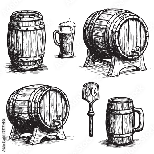 Hand-drawn beer barrels mugs and accessories illustration in vintage style design elements for pubs and brewery concepts