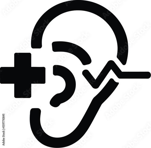 A black and white graphic of an ear with a plus sign and a sound wave icon next to it