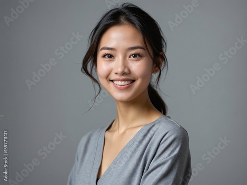 Authentic and Friendly Studio Portrait of a Young Asian Woman with a Genuine Smile