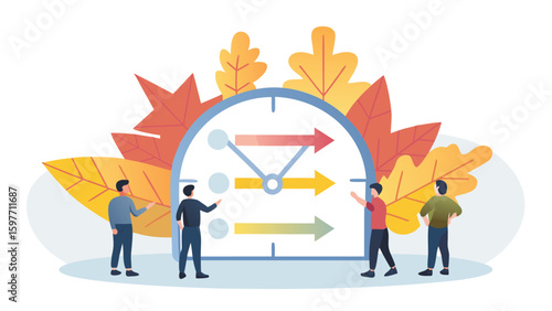 People standing around a clock with arrows and leaves in the background illustration design