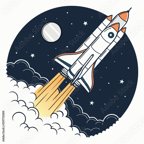 Cartoon vector illustration of a space rocket launching towards stars and planets, exploring the universe