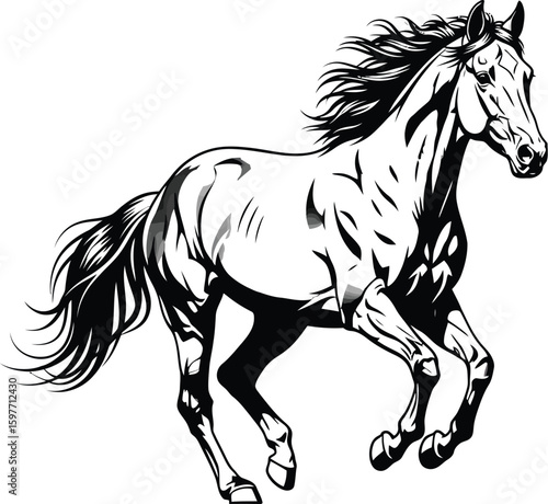 Illustration of a galloping horse in black and white on a plain white background showing movement
