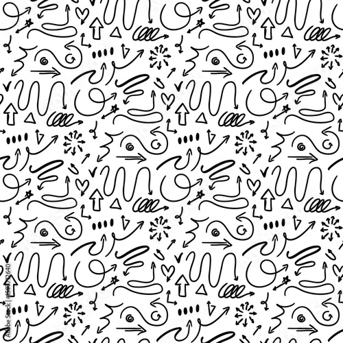 Pattern of doodle arrows, elements. Arrows, signs in different directions. Sketch design of sketches for business plans and education. Packaging of elements with markers, ink, hand-drawn abstractions