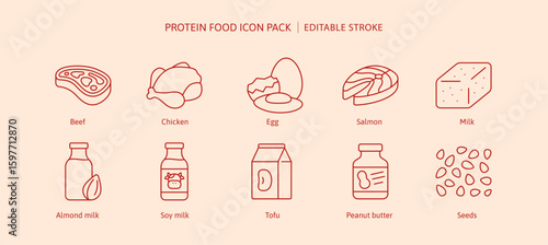 Protein nutrition food icon set including meat, chicken, beef, egg, salmon fish, almond milk, tofu, peanut butter for muscle healthy boost. Protein and vitamin D from clean food outline icons.