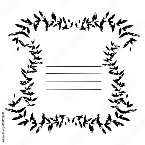square-shaped frame made of small branches with poorly printed leaves, worn-out print, and grunge. vector illustration with stripes for writing. template for notebooks and sketchbooks as the main page