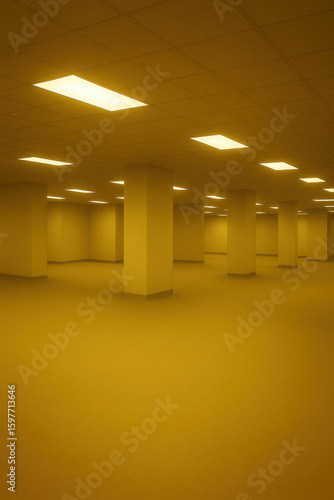 Empty yellow office corridor with fluorescent ceiling lights square columns and carpet creating eerie liminal backrooms atmosphere for abstract architecture mystery and surreal interior background