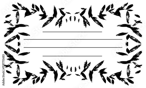 rectangular frame made of branches with poorly printed leaves, worn-out print, grunge, vintage. vector illustration with stripes for writing. template for notebooks and sketchbooks as main page. Black