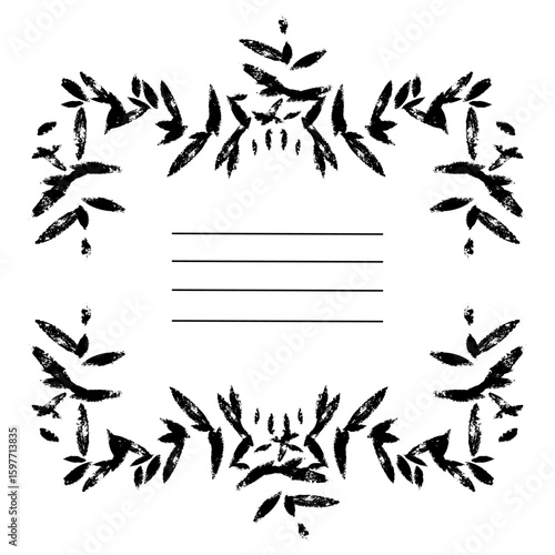 square frame made of branches leaves of poorly printed texture, with worn-out print, grunge, vintage. vector illustration with stripes for writing. template for notebooks, sketchbooks as the main page