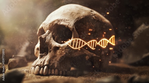 Ancient skull fragment with glowing DNA strands, archaeological dig site background, human evolution 