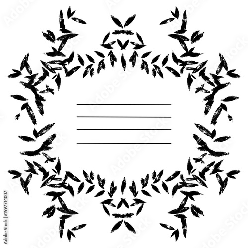 frame made of branches with leaves of poorly printed texture, with worn-out print, grunge, vintage. vector illustration with stripes for writing. template for notebooks, sketchbooks as the main page