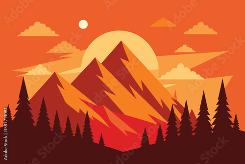 Stylized desert landscape illustration with a vibrant sunset over rolling dunes
