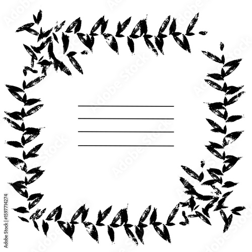 square frame made of poorly printed texture branches, with worn-out print, grunge. vector illustration with stripes for writing. template for notebooks, sketchbooks as the main page. Black on white