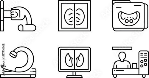 Various medical scanning equipment and diagnostic imaging icons in outline style