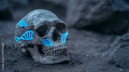 Ancient skull fragment with glowing DNA strands, archaeological dig site background, human evolution 