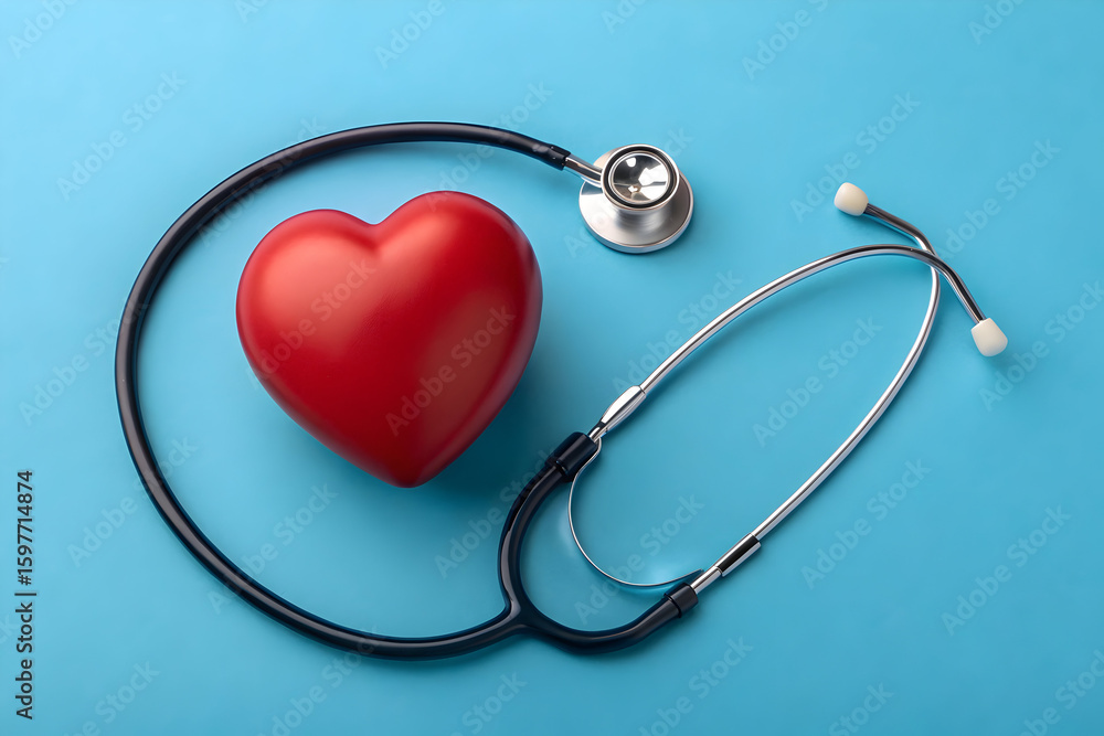 A stethoscope resting on a red heart shape symbolizes medical healthcare and cardiology A stethoscope resting on a red heart shape symbolizes medical healthcare and cardiology