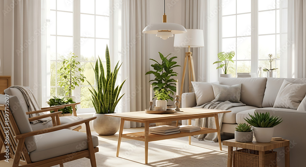 Fototapeta premium Living room interior with natural light and plants, designed for comfort and modern home decor inspiration