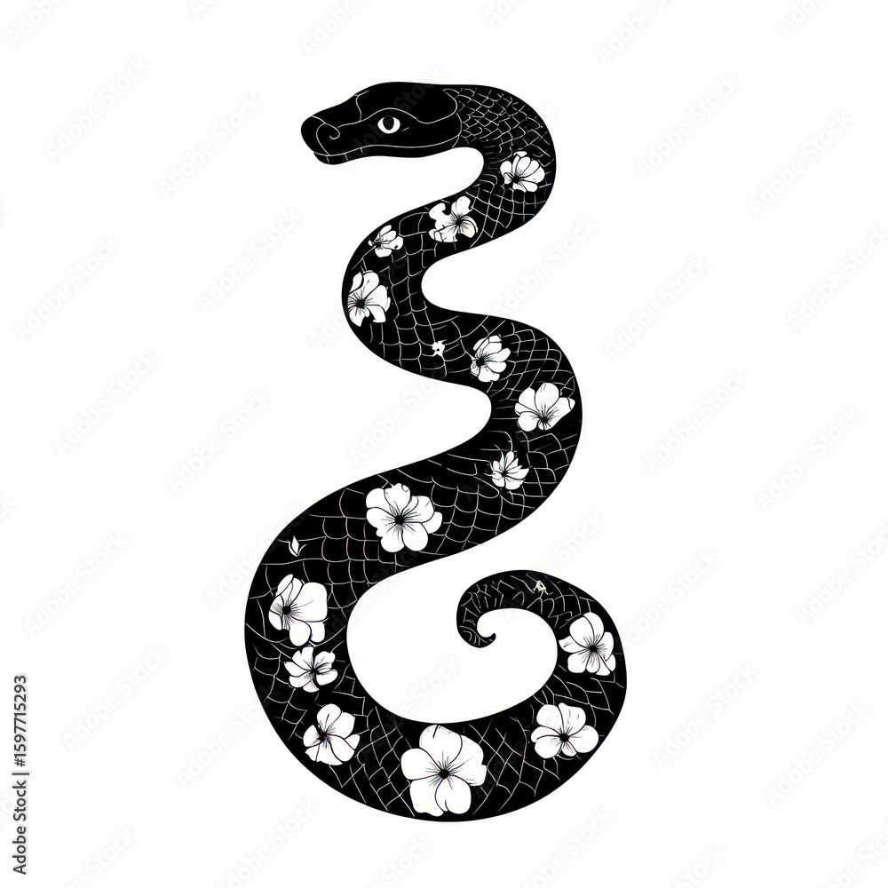 Naklejka premium Chinese zodiac sign black snake illustration pattern floral.