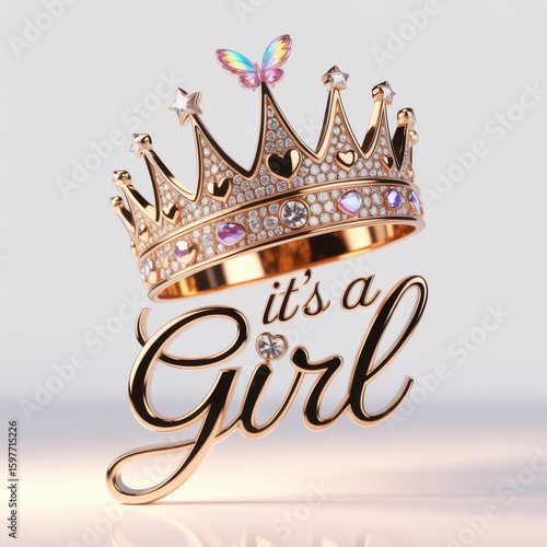 Luxury gold crown with jewels and butterfly above cursive text its a girl on elegant baby shower announcement