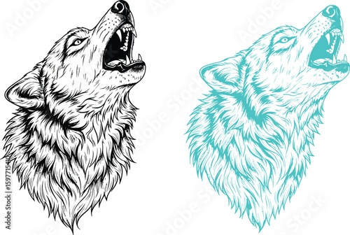Three monochrome illustrations of howling wolves with detailed fur and open mouths on white