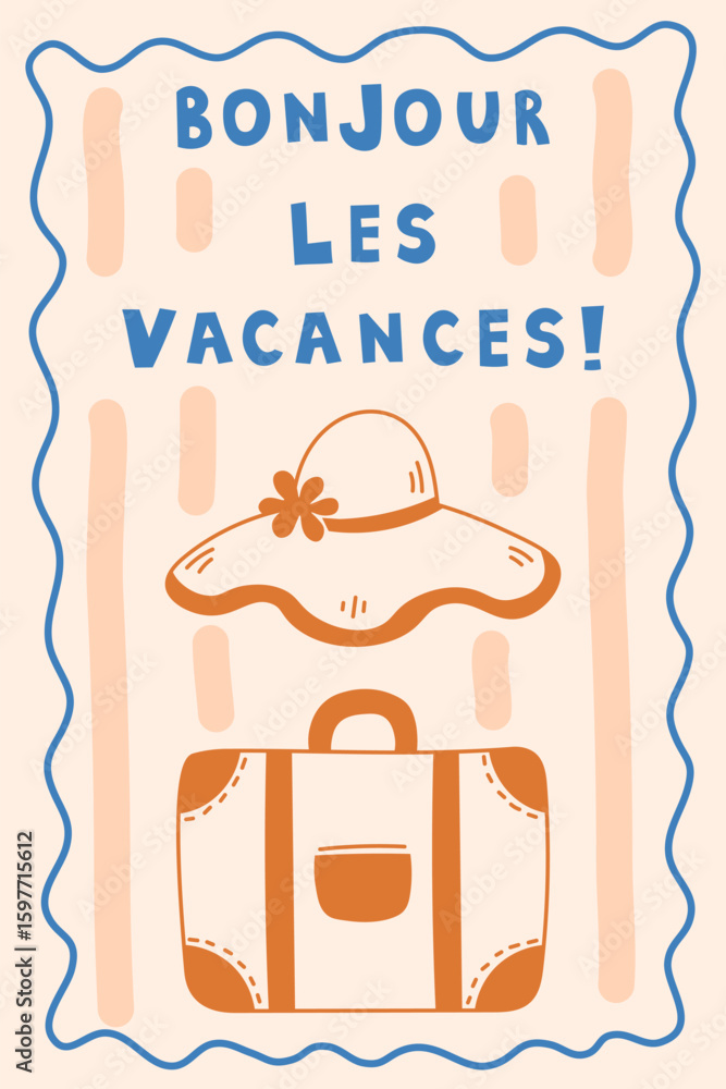Naklejka premium Summer Vacation Sketch Poster. Hand drawn Vintage La Dolce Vita Card with Travel Suitcase and Hat. French Handwriting Lettering Phrase Frame Stripes. Vector illustration