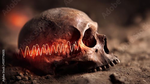 Ancient skull fragment with glowing DNA strands, archaeological dig site background, human evolution 