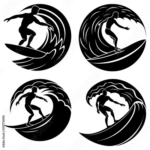 Four black and white circular designs of a surfer riding a wave in different styles and positions