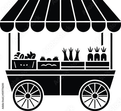 Illustration of a black and white farmers market cart with produce under a striped awning stand