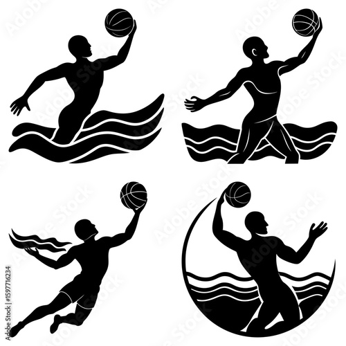 Four black and white water polo player silhouettes with balls and wave designs on a white background