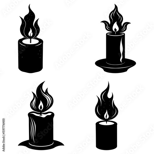Illustration showing four black and white candles with flickering flames in various styles and settings