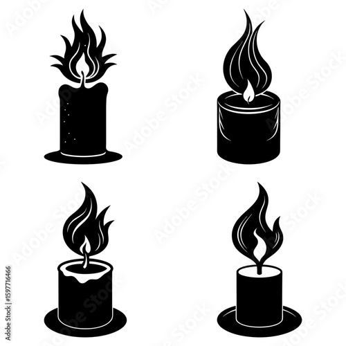 Illustration of four black and white candles with flickering flames on a white background image art design