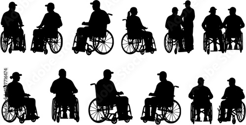 Couple in wheelchair vector silhouette set
