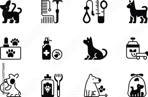 A collection of black and white dog grooming and care related vector icons