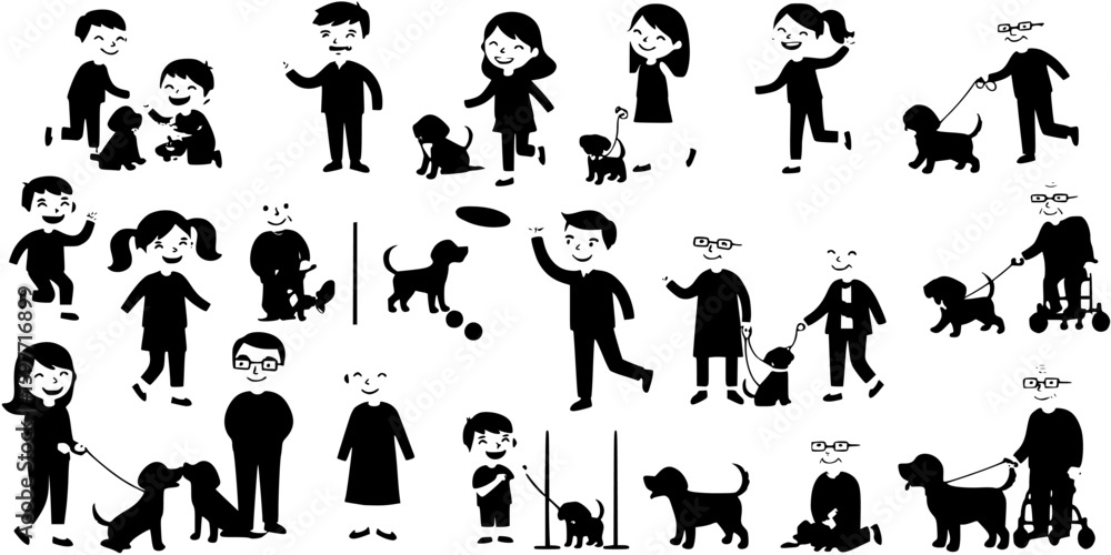Obraz premium Group people all ages activities with dogs vector silhouette set collection. 