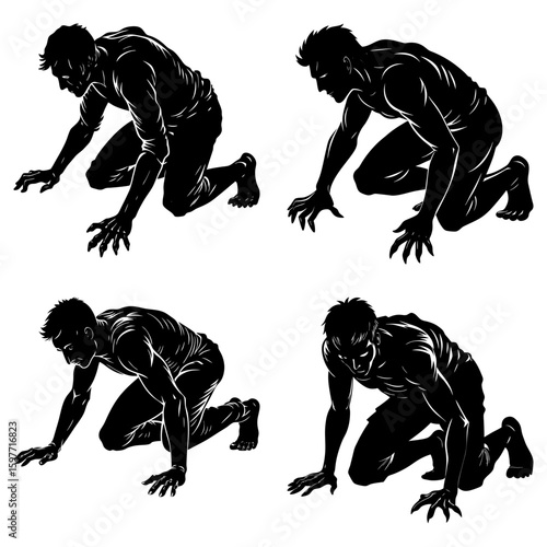 Four silhouetted figures crawling with clawed hands in a dark and mysterious monochrome illustration