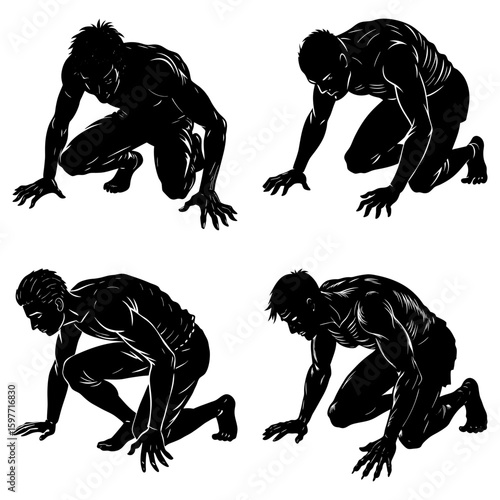 Four silhouetted figures in a crouching position with hands on the ground in a black and white setting