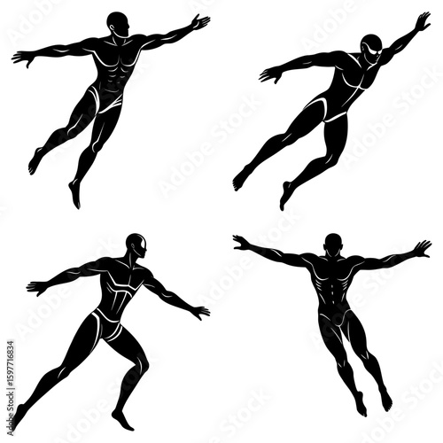 Four stylized black silhouettes of superhero figures in dynamic poses against white background