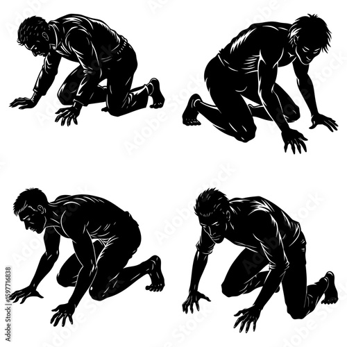 Four black and white illustrations of men on their hands and knees in various poses and positions