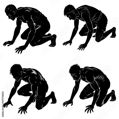 Four stylized depictions of a man crawling on his hands and knees in black and white illustration style