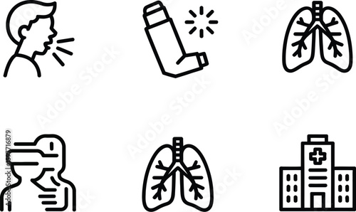 Line art icons depicting coughing, inhaler, lungs, and hospital on white background
