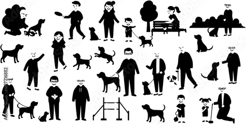Group people all ages activities with dogs vector silhouette set collection.
