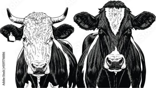 Illustration of two cows side by side with black and white coloring and detailed line work style
