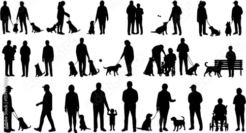 Group people walking with dogs in public park outdoors black silhouettes
