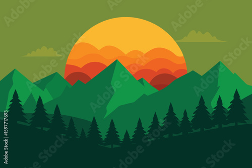 Stylized digital landscape of a retro sunset over a mountain valley